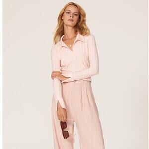 JONATHAN SIMKHAI Pink Val Rib Cropped Polo Long Sleeves Collared Shirt size XS